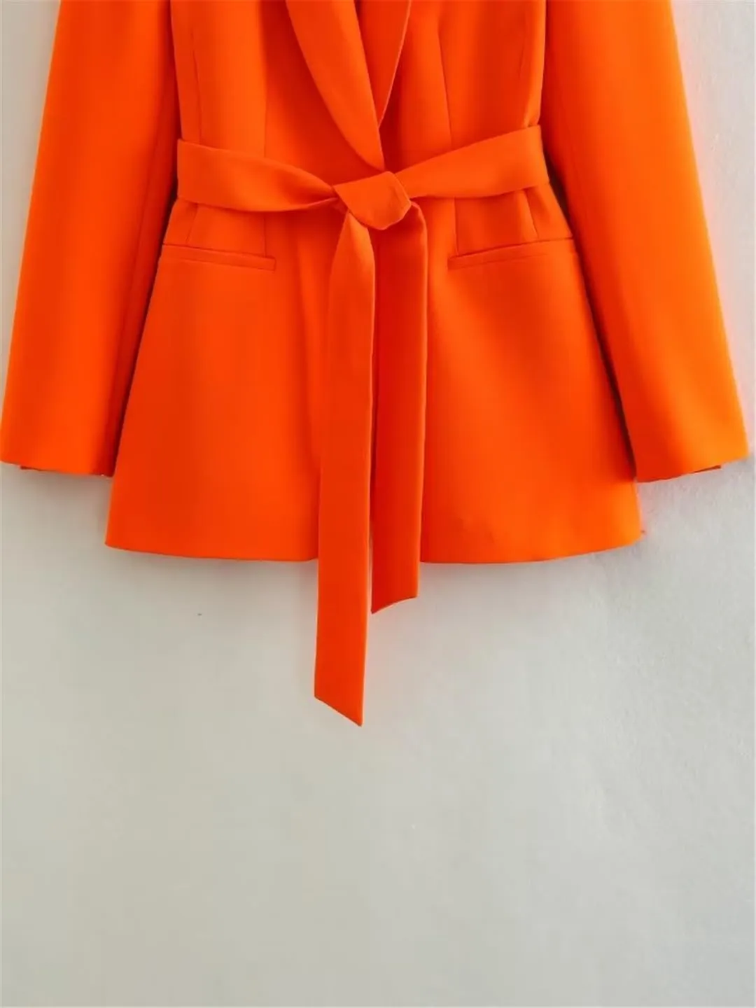 Women Orange Long Blazer Jacket Long Sleeve Single Breasted Belt Basic Office Blazers