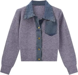 Womens Sweaters Patchwork Denim Sweater Cardigan Long Sleeve Chunky Knit Cardigans Fall Cardigan