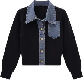 Womens Sweaters Patchwork Denim Sweater Cardigan Long Sleeve Chunky Knit Cardigans Fall Cardigan