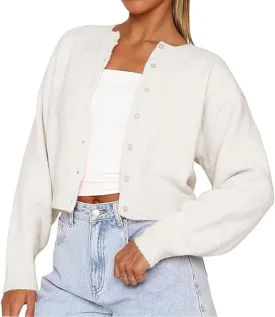 Womens Y2K Cardigan Sweaters Long Sleeve Open Front Button Down Crop Sweater Solid Knit Pullover Fall Outfits Tops