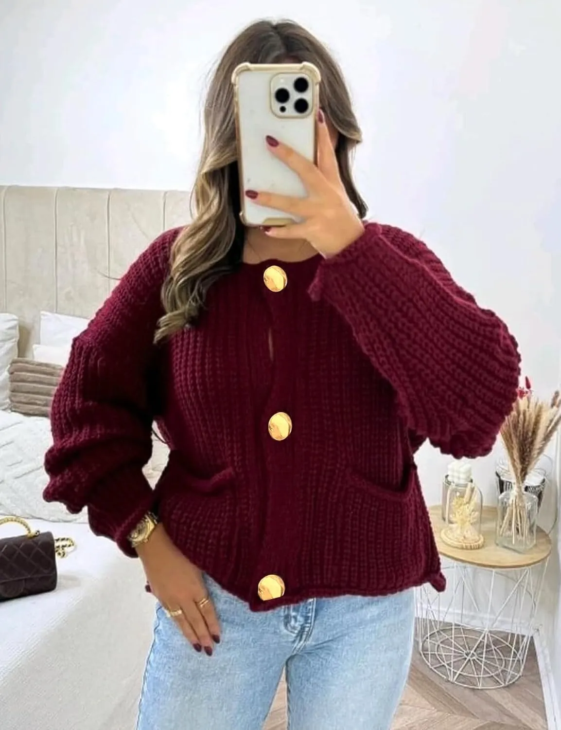 Wyeysyt Women's Cropped Cardigan Sweater Button Down Long Sleeve Chunky Knit Sweater Coat