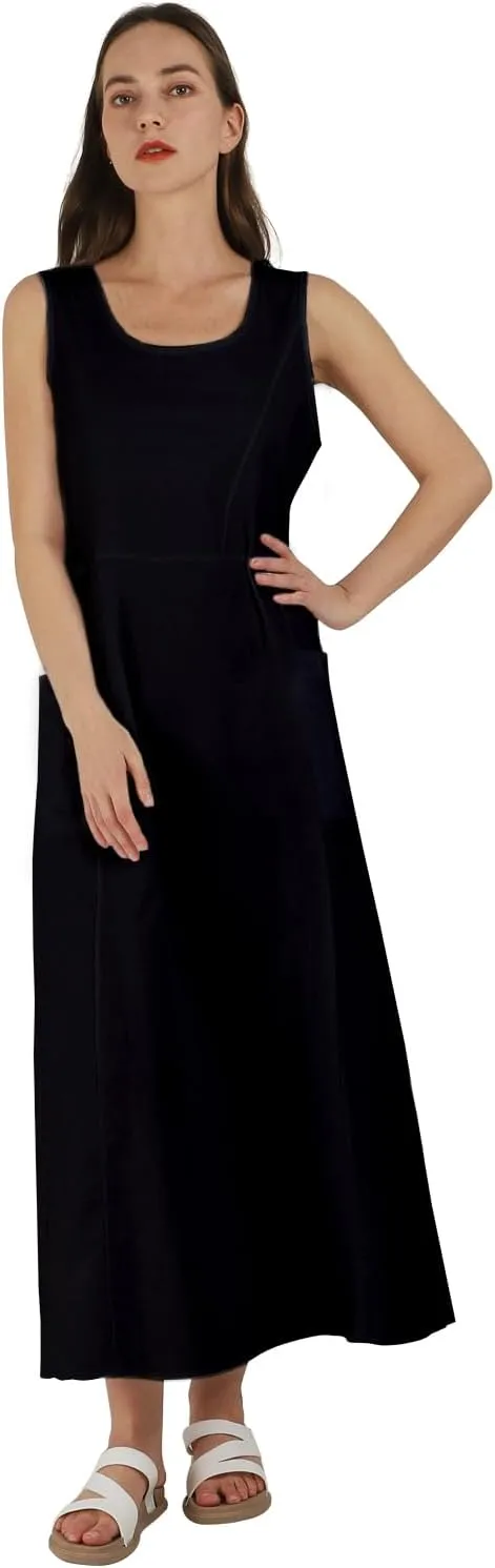yoeasy Women's Cotton Linen Casual Loose Pockets Long Dress Plain Sleeveless Tank Dress