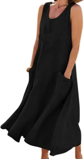 yoeasy Women's Cotton Linen Casual Loose Pockets Long Dress Plain Sleeveless Tank Dress